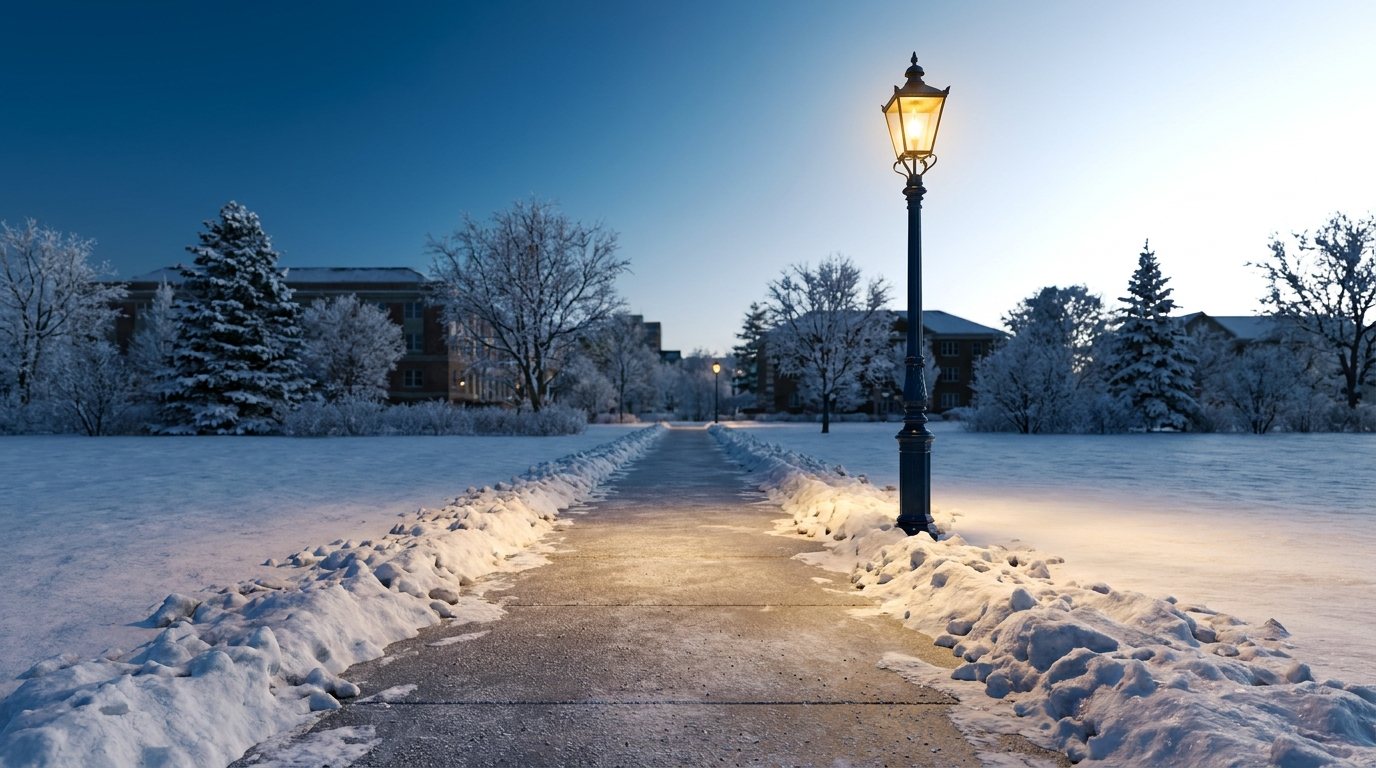 Geräumter und gestreuter Gehweg im Winter bei Morgengrauen