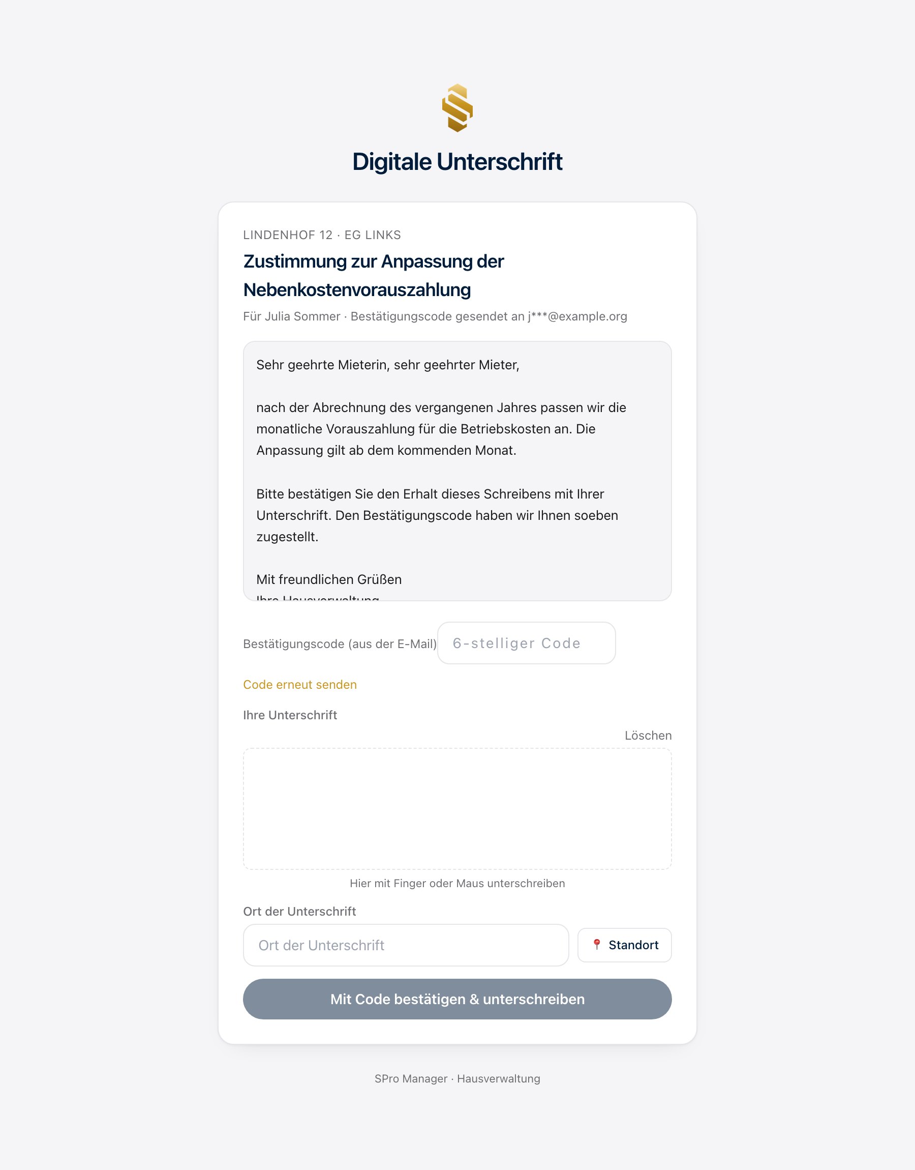 Ansicht der digitalen Unterschrift mit Bestätigungscode